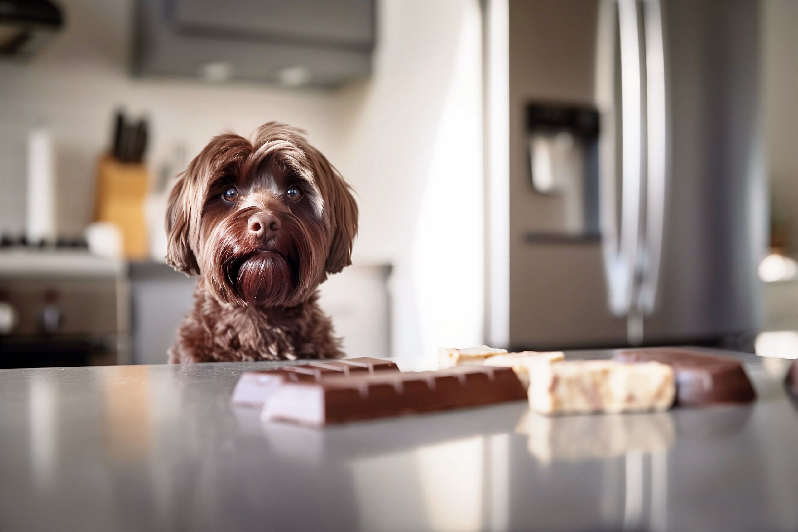 Small dog looking at chocolate bars on kitchen counter. Generative AI