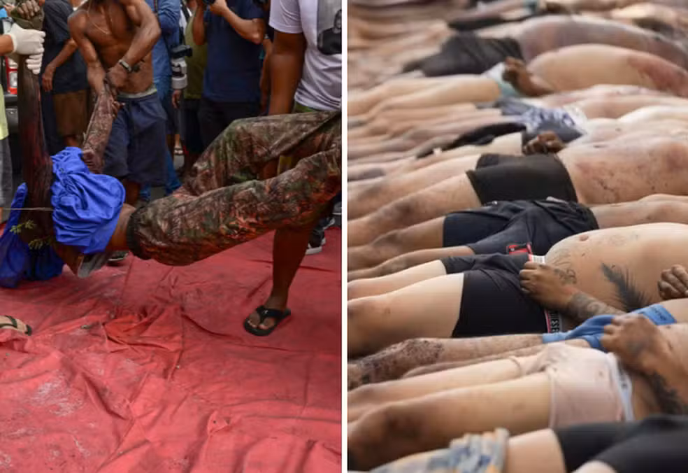 estrada-da-vida-2025-10-29t152941.973 Foto mostra corpos colocados em praça no Complexo da Penha — Foto: Pablo Porciuncula/ AFP e AP Photo/Silvia Izquierdo